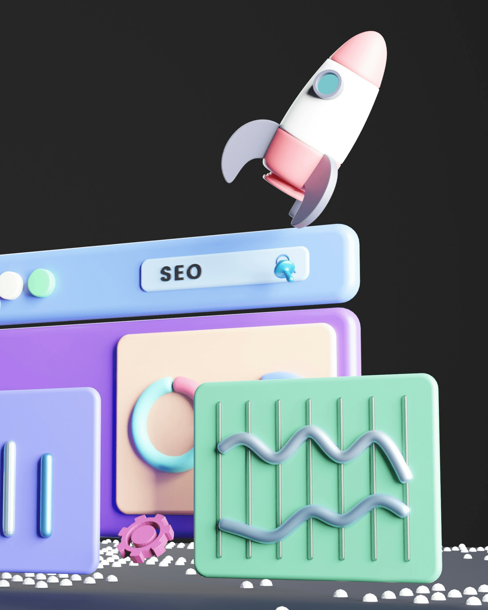 A graphic of a computer screen with graphs and rockets